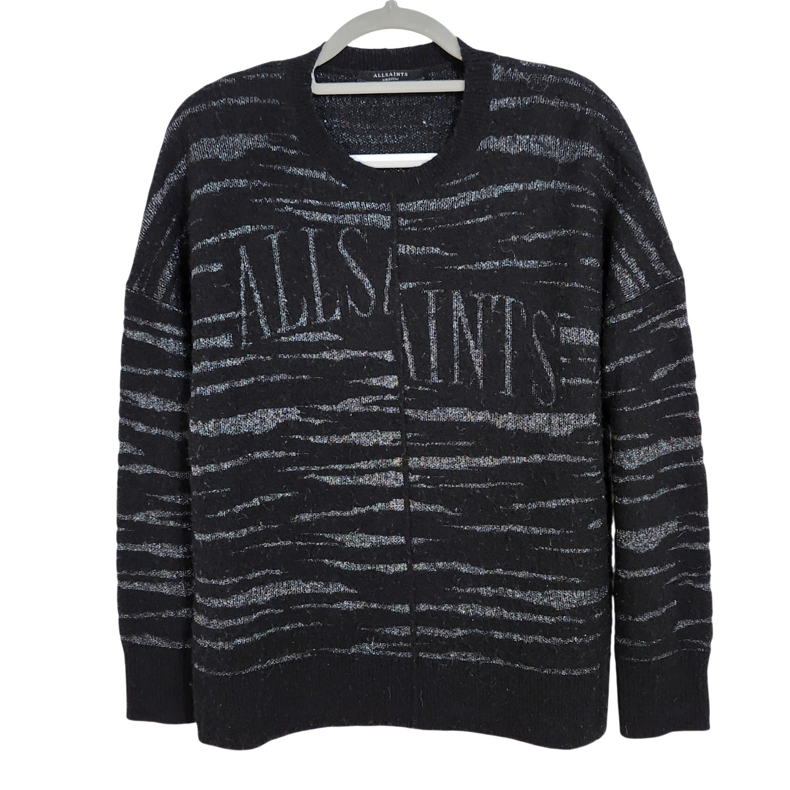 Allsaints Split Saints Tiger Jumper Sweater Medium Black Silver Wool Blend